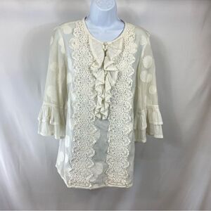 Etcetera White Ruffled Embroidered 3/4 Bell Sleeve Blouse Size 10 STUNNING!